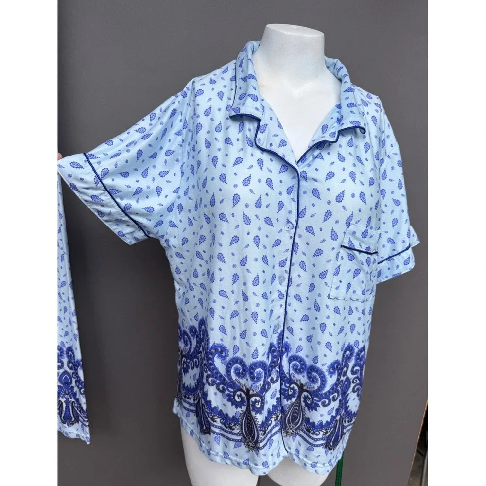 Blue Paisley Pajama Set 3x Short Sleeve Button Top Long Pants Sleepwear Lounge